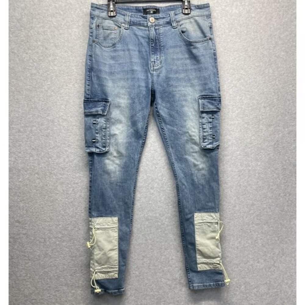 Serenede Men's 36 Cyber Cloud Cargo Jeans Bungee Cords Pockets Skinny Streetwear